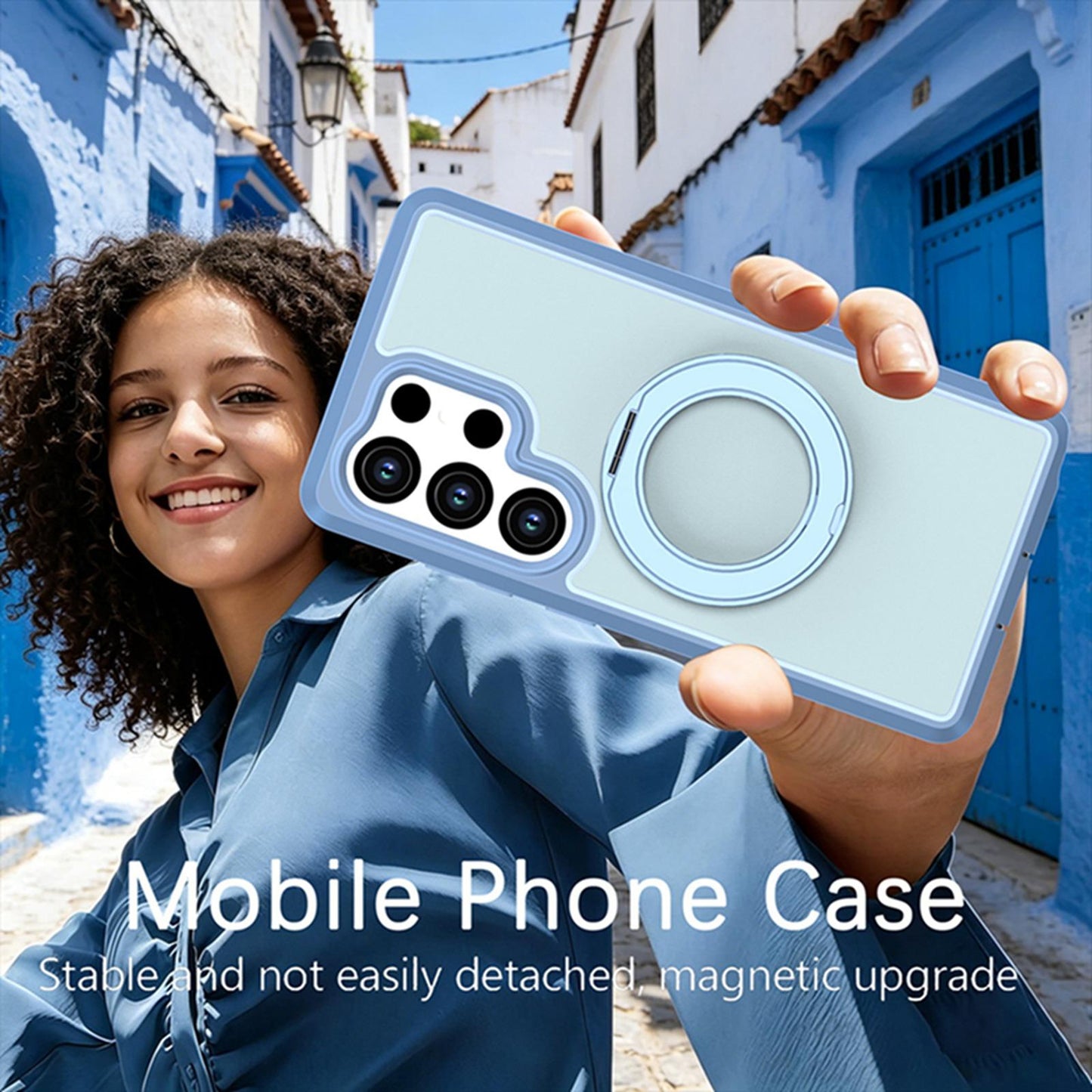 For Galaxy S25 Ultra 5G Silicone Magnetic Anti-drop Protective Phone Case with 360 Rotating Holder(Light Blue)
