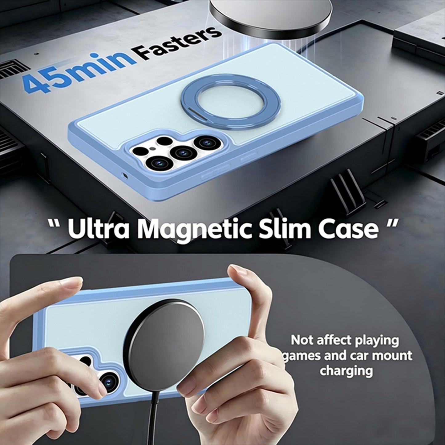 For Galaxy S25 Ultra 5G Silicone Magnetic Anti-drop Protective Phone Case with 360 Rotating Holder(Light Blue)