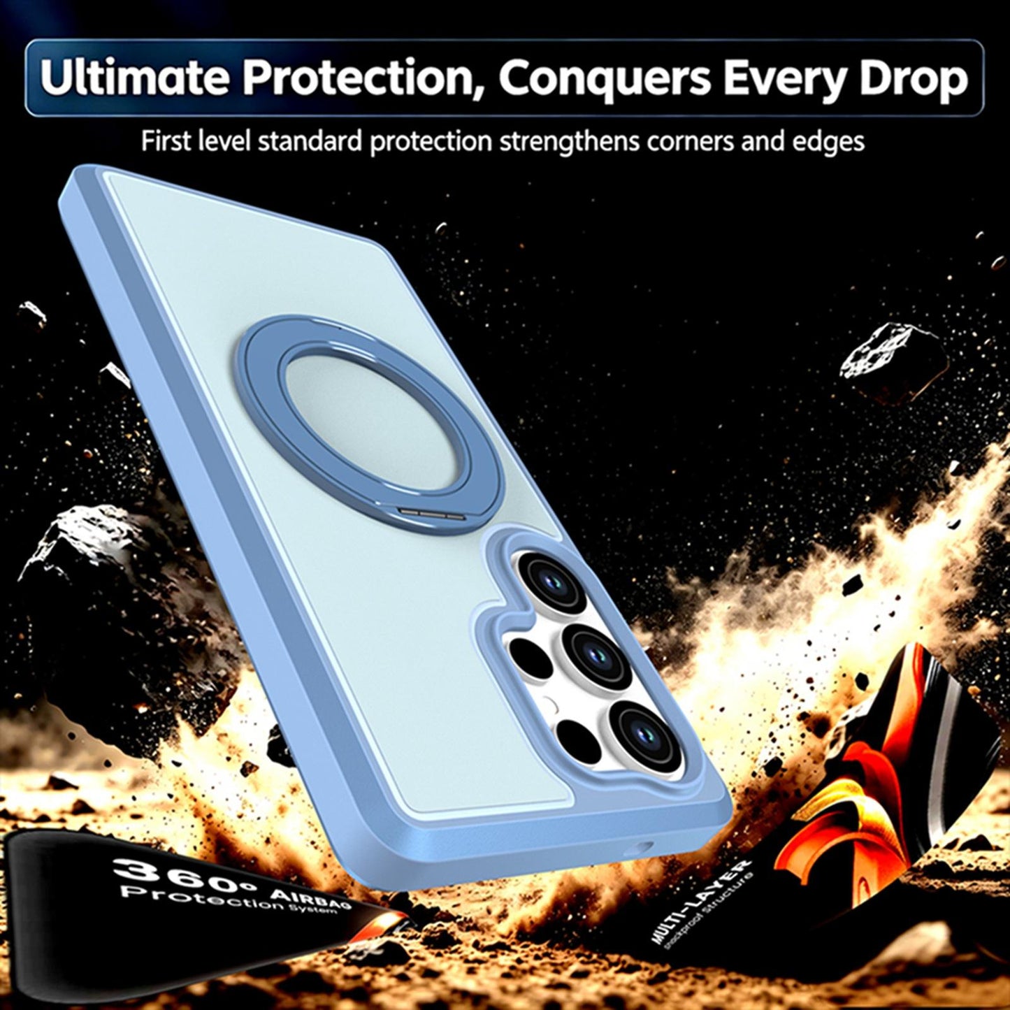 For Galaxy S25 Ultra 5G Silicone Magnetic Anti-drop Protective Phone Case with 360 Rotating Holder(Light Blue)