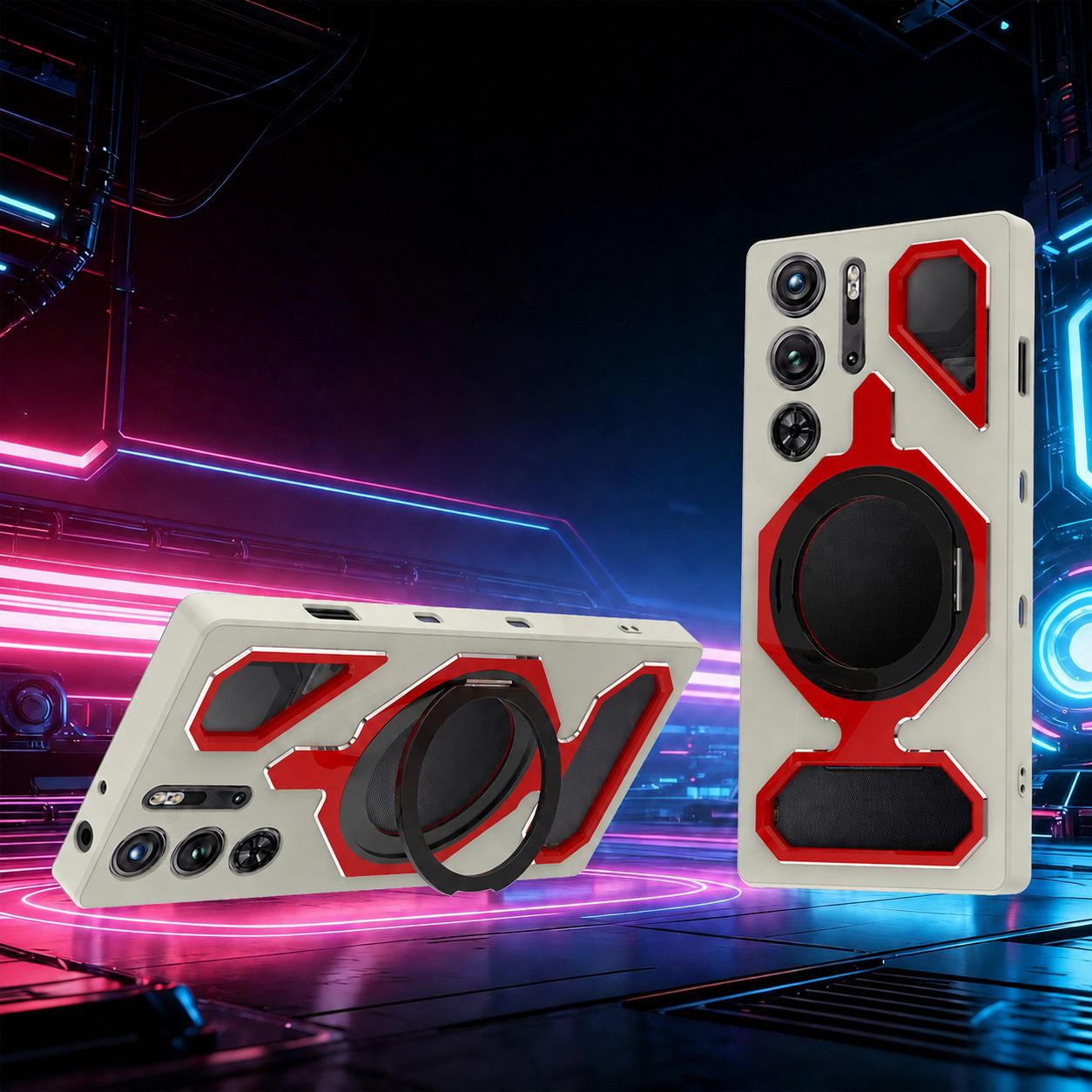 For ZTE nubia RedMagic 9 Pro / 9S Pro Mecha Style Magnetic Rotating Holder TPU Metal Phone Case(White Red)
