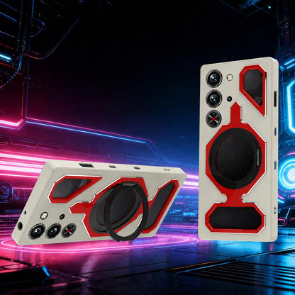 For ZTE nubia RedMagic 10 Pro / 10S Pro Mecha Style Magnetic Rotating Holder TPU Metal Phone Case(White Red)