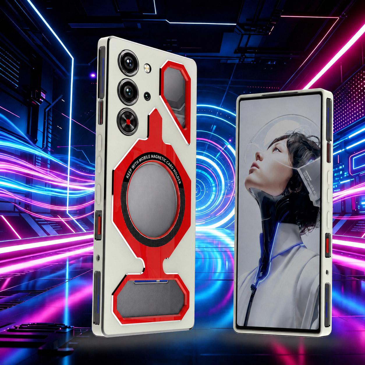 For ZTE nubia RedMagic 10 Pro / 10S Pro Mecha Style Magnetic TPU Metal Phone Case(White Red)