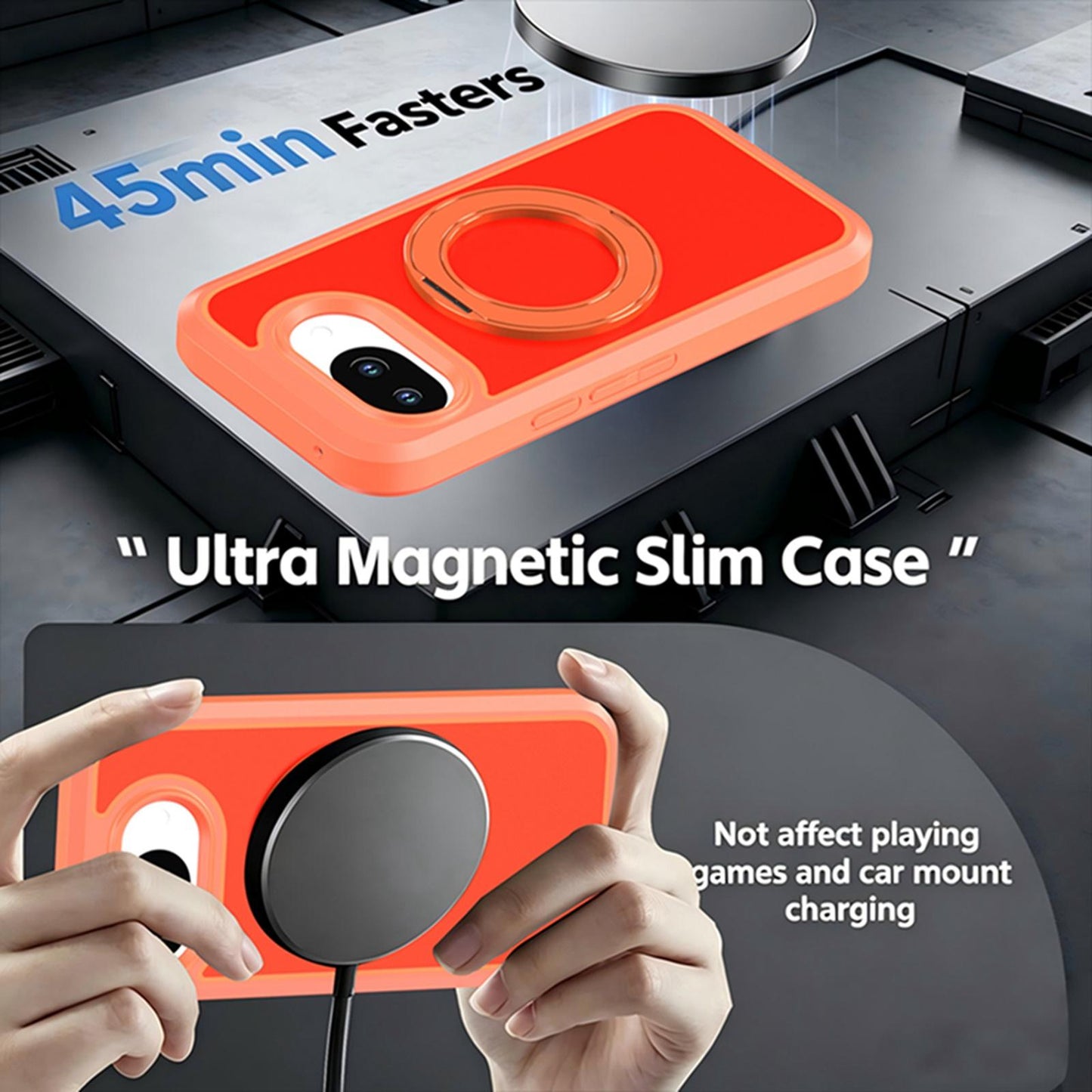 For Google Pixel 10a Silicone Magnetic Anti-drop Protective Phone Case with 360 Rotating Holder(Orange)