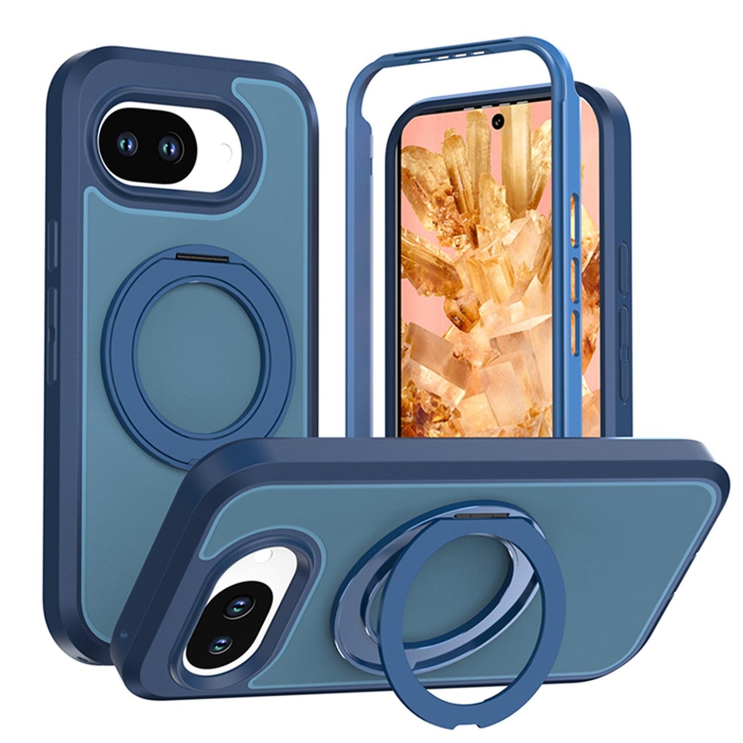 For Google Pixel 10a Silicone Magnetic Anti-drop Protective Phone Case with 360 Rotating Holder(Blue)