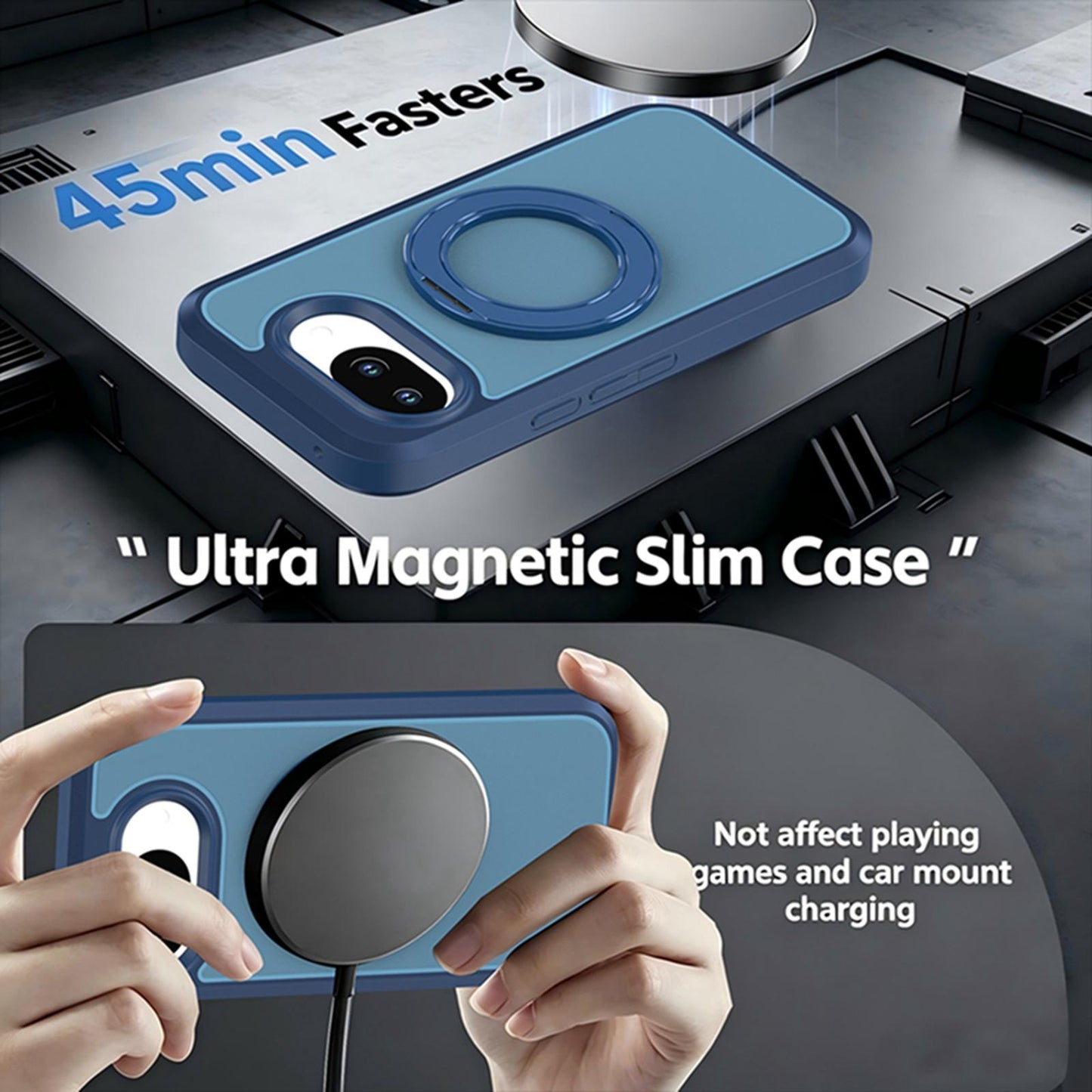For Google Pixel 10a Silicone Magnetic Anti-drop Protective Phone Case with 360 Rotating Holder(Blue)