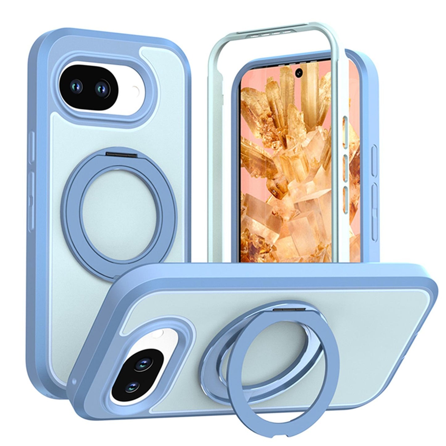 For Google Pixel 10a Silicone Magnetic Anti-drop Protective Phone Case with 360 Rotating Holder(Light Blue)