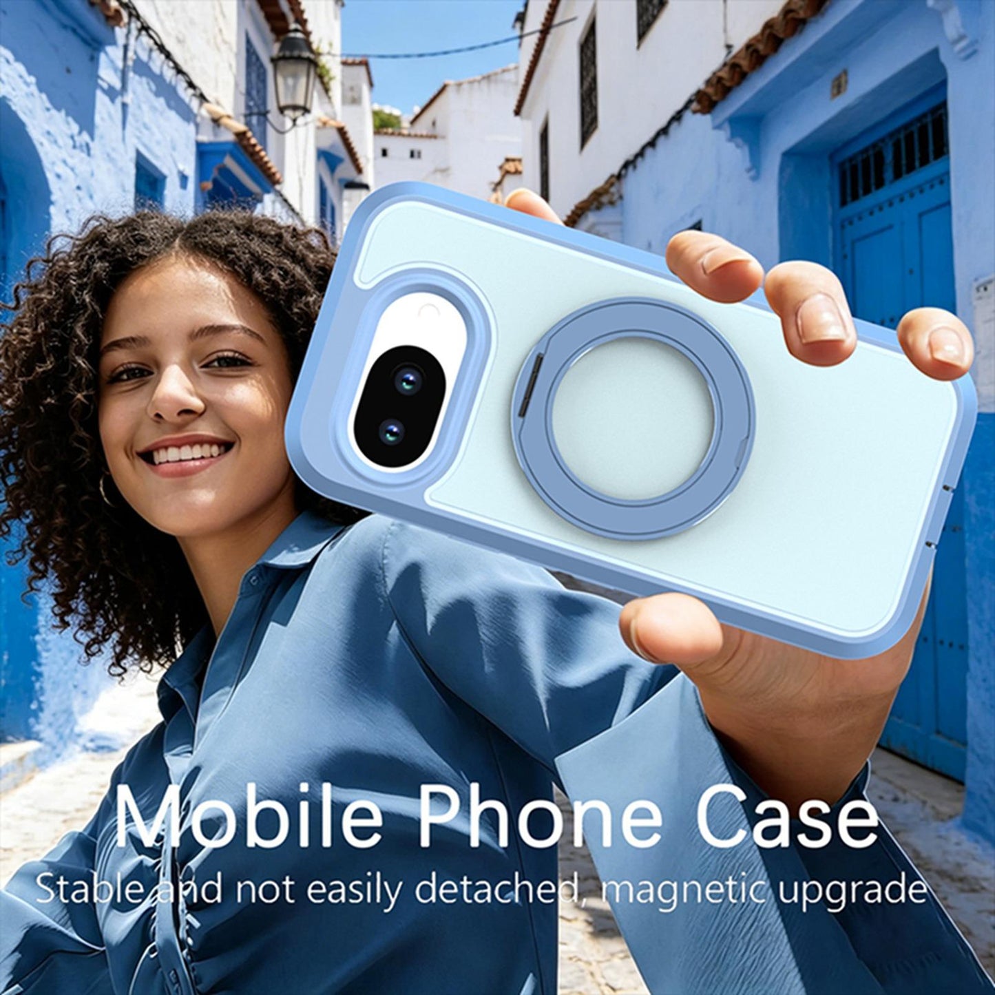 For Google Pixel 10a Silicone Magnetic Anti-drop Protective Phone Case with 360 Rotating Holder(Light Blue)
