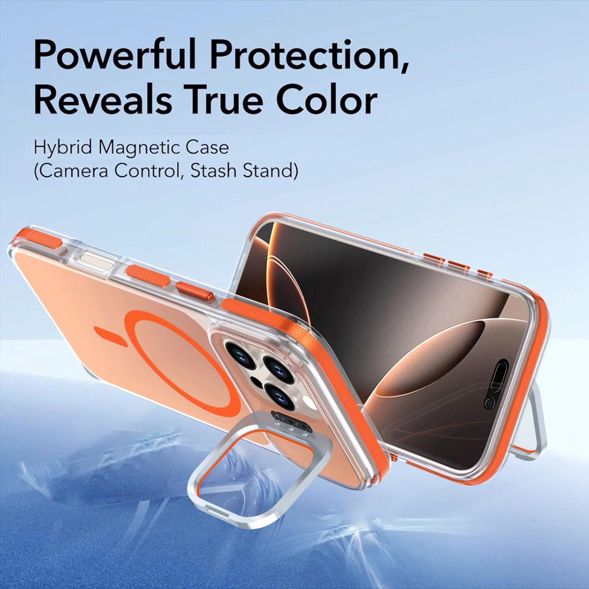 For iPhone 16 Pro Max Chameleon Gen2 Lens Cover Kickstand Magnetic Phone Case - Orange - EDA010044501B