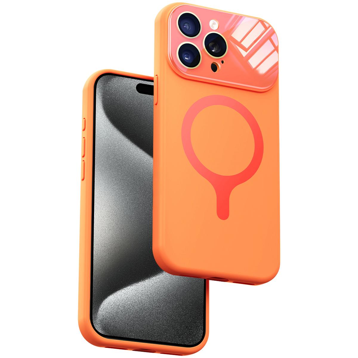 For iPhone 15 Pro Max Liquid Silicone Magnetic Camera Full Coverage Phone Case - Orange - EDA010047707F