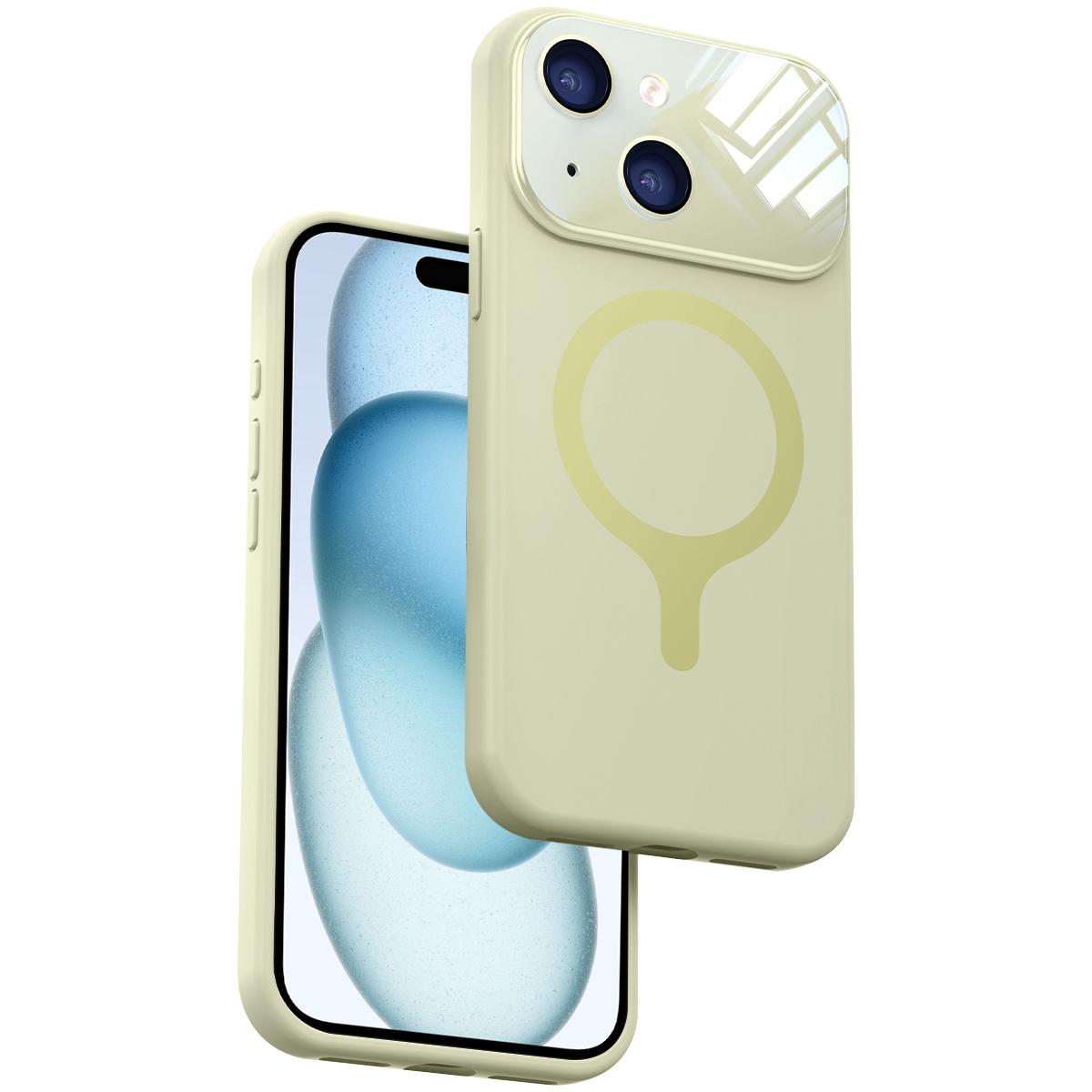 For iPhone 15 Liquid Silicone Magnetic Camera Full Coverage Phone Case - Antique White - EDA010047709A