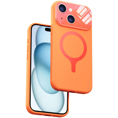 For iPhone 15 Liquid Silicone Magnetic Camera Full Coverage Phone Case - Orange - EDA010047709F