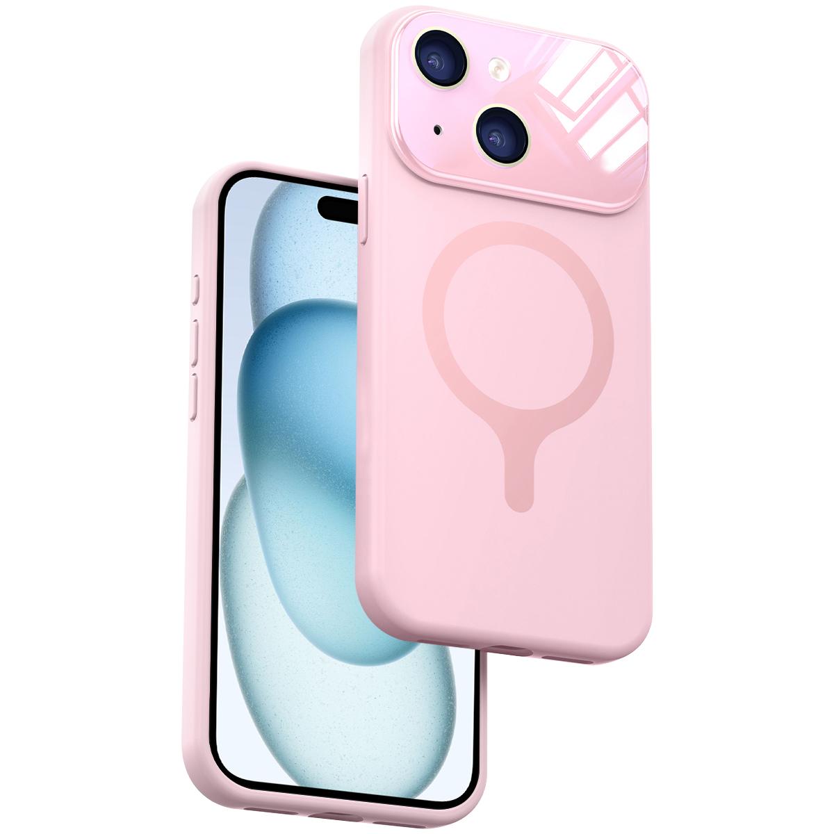 For iPhone 15 Liquid Silicone Magnetic Camera Full Coverage Phone Case - Pink - EDA010047709G