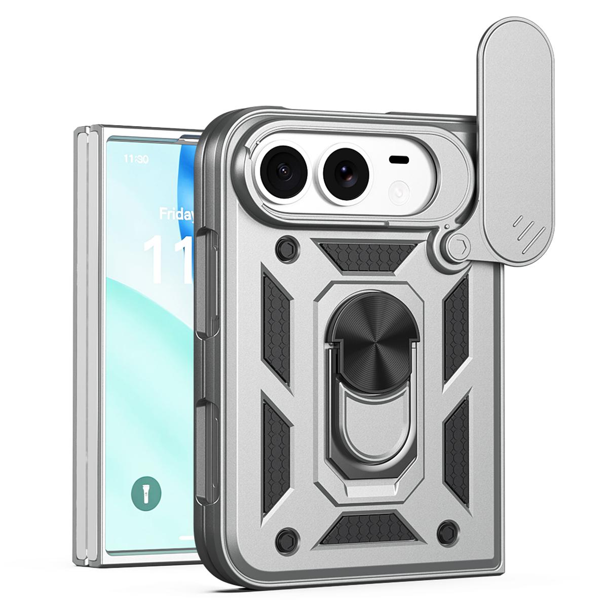 For iPhone Duo Sliding Camera Cover Design TPU+PC Phone Case - Silver - EDA010050001G