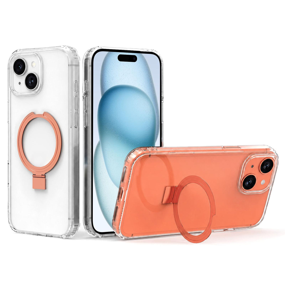 For iPhone 15 Four-corner Airbag Shockproof Acrylic PC Phone Case with Holder - Orange - EDA010055612B
