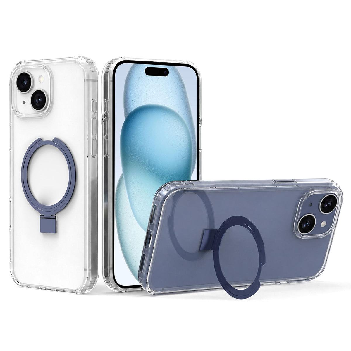 For iPhone 15 Four-corner Airbag Shockproof Acrylic PC Phone Case with Holder - Dark Blue - EDA010055612C
