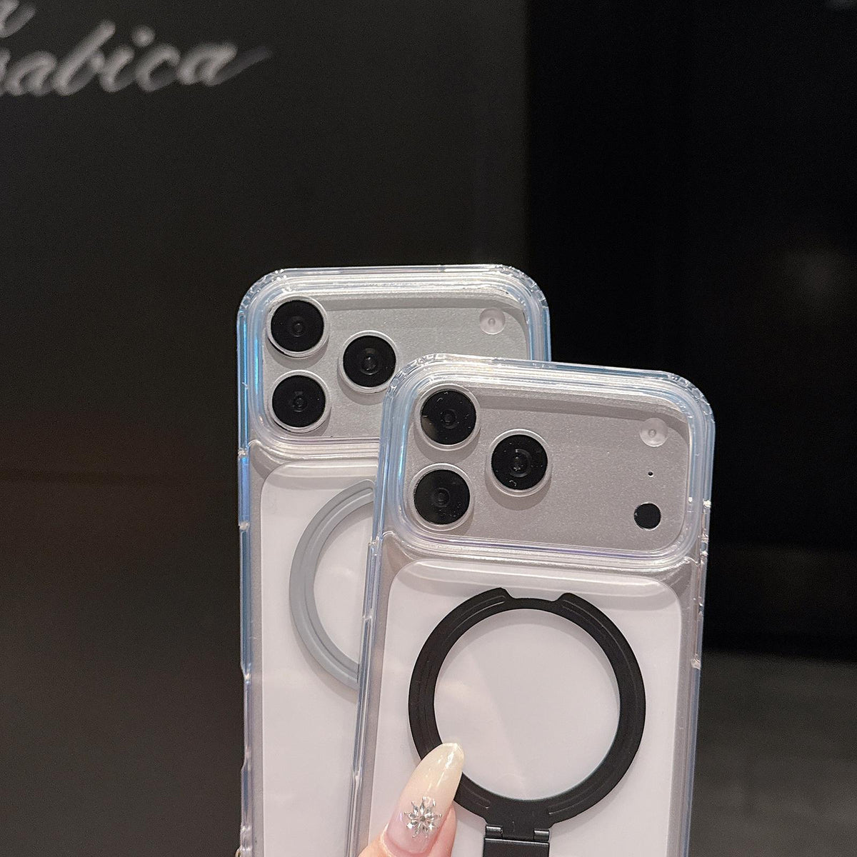 For iPhone 15 Four-corner Airbag Shockproof Acrylic PC Phone Case with Holder - Black - EDA010055612A