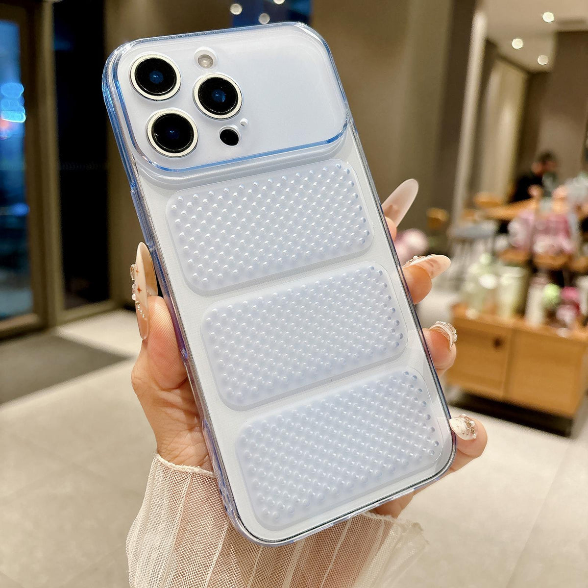 For iPhone 15 Pro Large Window Mesh Breathable Cooling TPU Phone Case - Transparent Blue - EDA010058302C