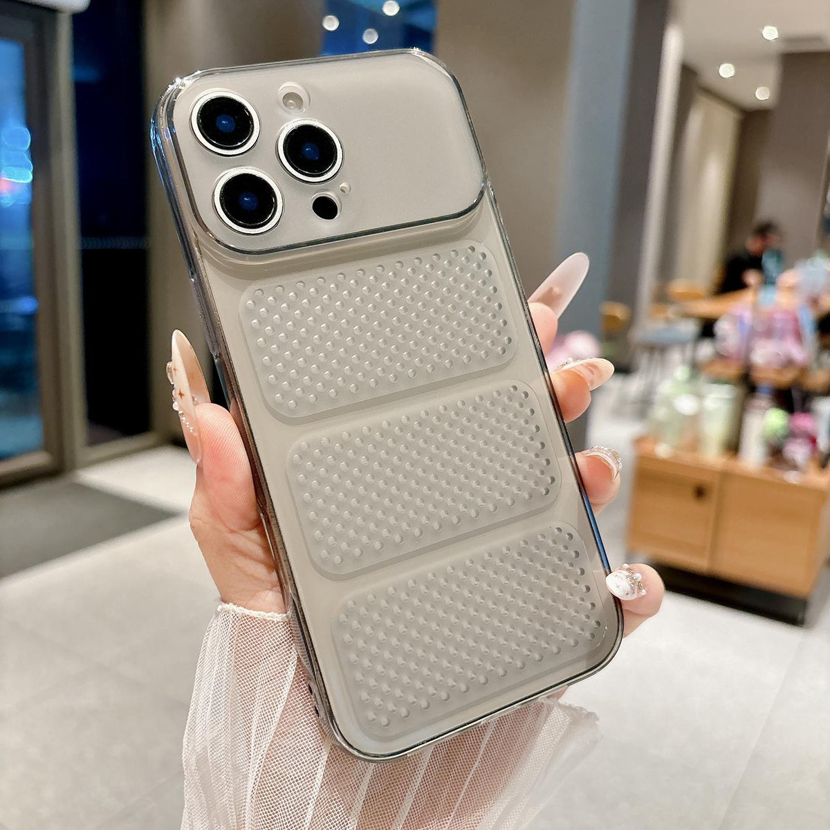 For iPhone 16 Pro Max Large Window Mesh Breathable Cooling TPU Phone Case - Grey - EDA010058306A