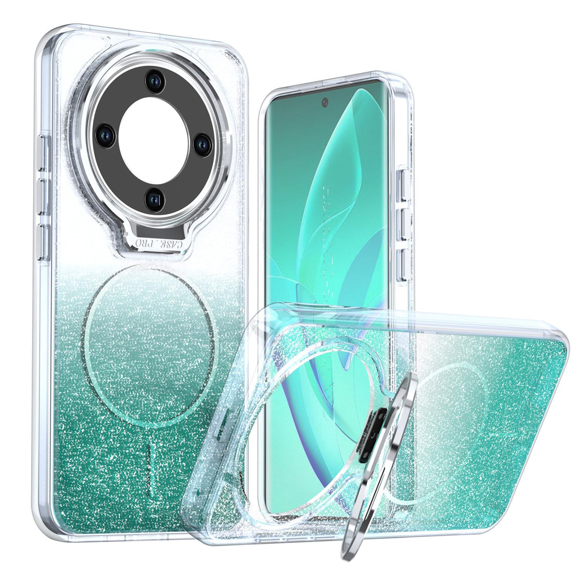 For Honor Magic8 Lite Glitter Gradient Magnetic Lens Frame Holder Phone Case - Lake Green - EDA010060302D