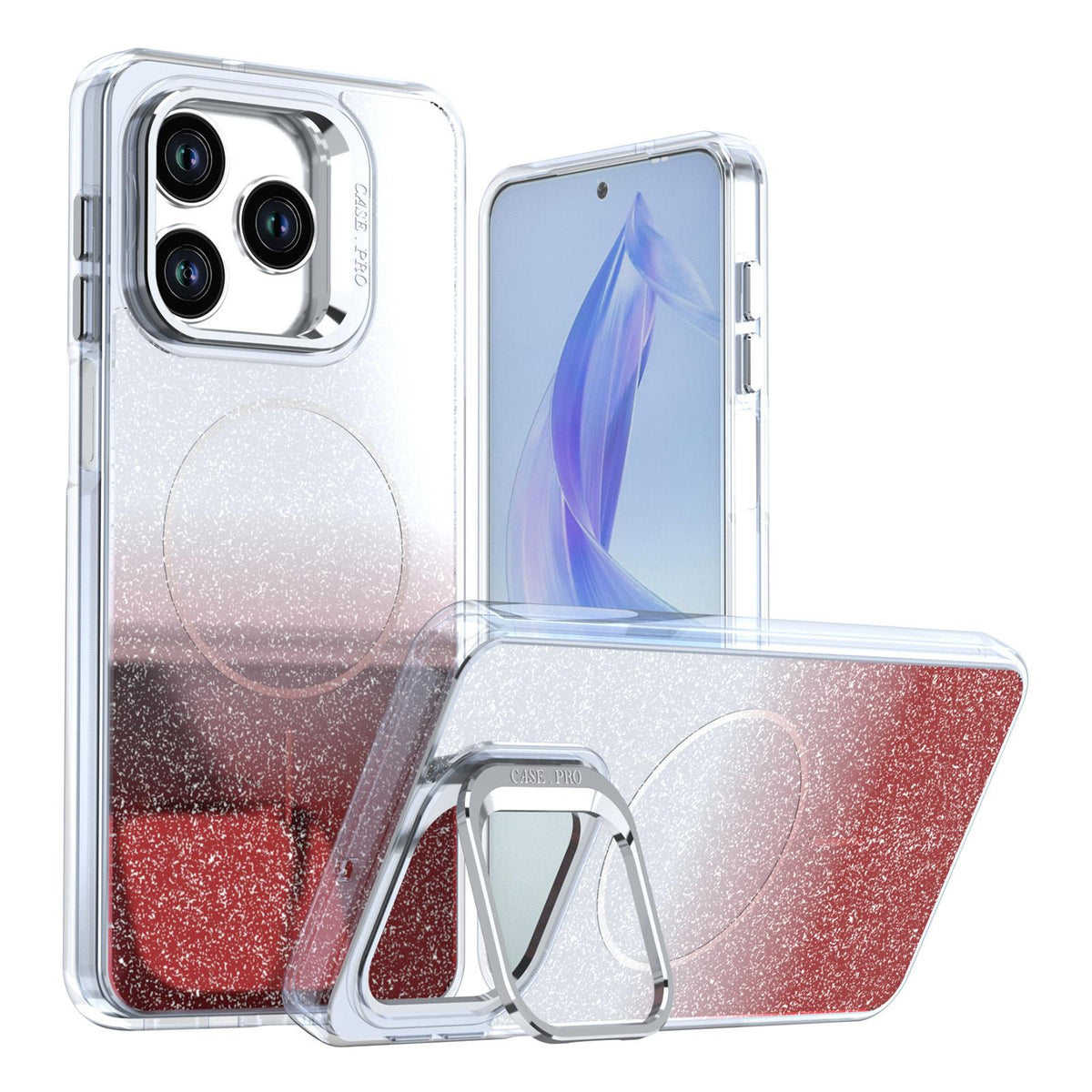 For Honor X5c Plus Glitter Gradient Magnetic Lens Frame Holder Phone Case - Red - EDA010060303B
