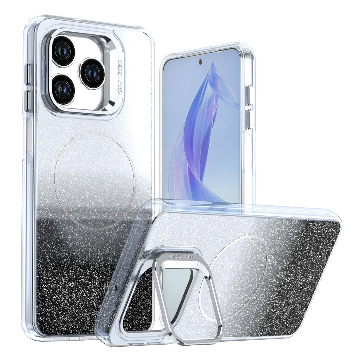 For Honor X5c Plus Glitter Gradient Magnetic Lens Frame Holder Phone Case - Black - EDA010060303C