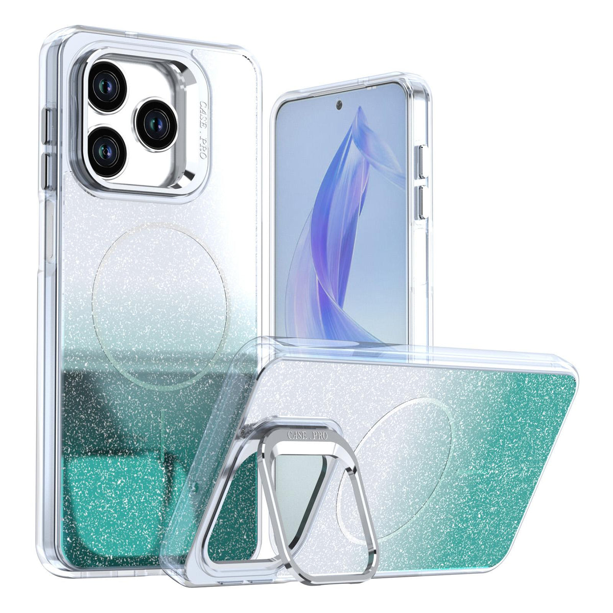 For Honor X5c Plus Glitter Gradient Magnetic Lens Frame Holder Phone Case - Lake Green - EDA010060303D