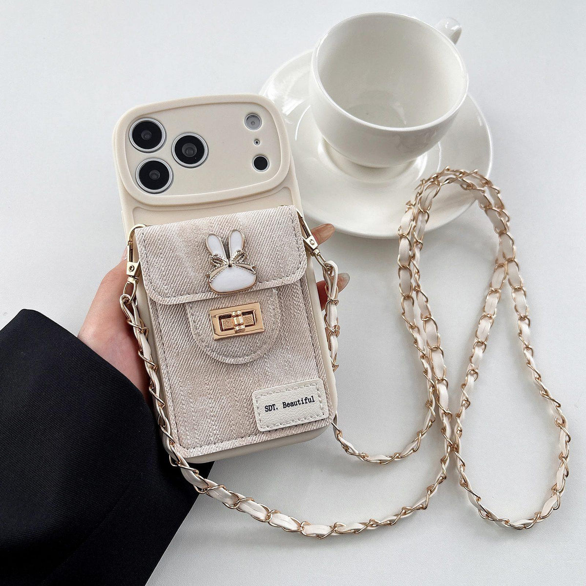 For iPhone 18 Pro Max Denim Patterned Rabbit Card Bag Phone Case with Crossbody Chain - Apricot - EDA010066003A