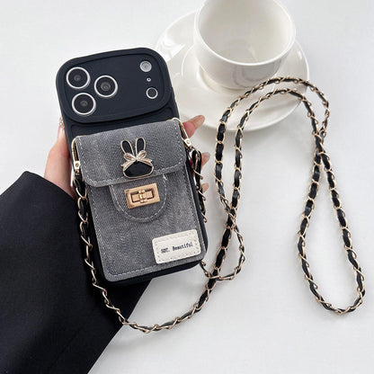 For iPhone 17 Pro Max Denim Patterned Rabbit Card Bag Phone Case with Crossbody Chain - Black - EDA010066004B