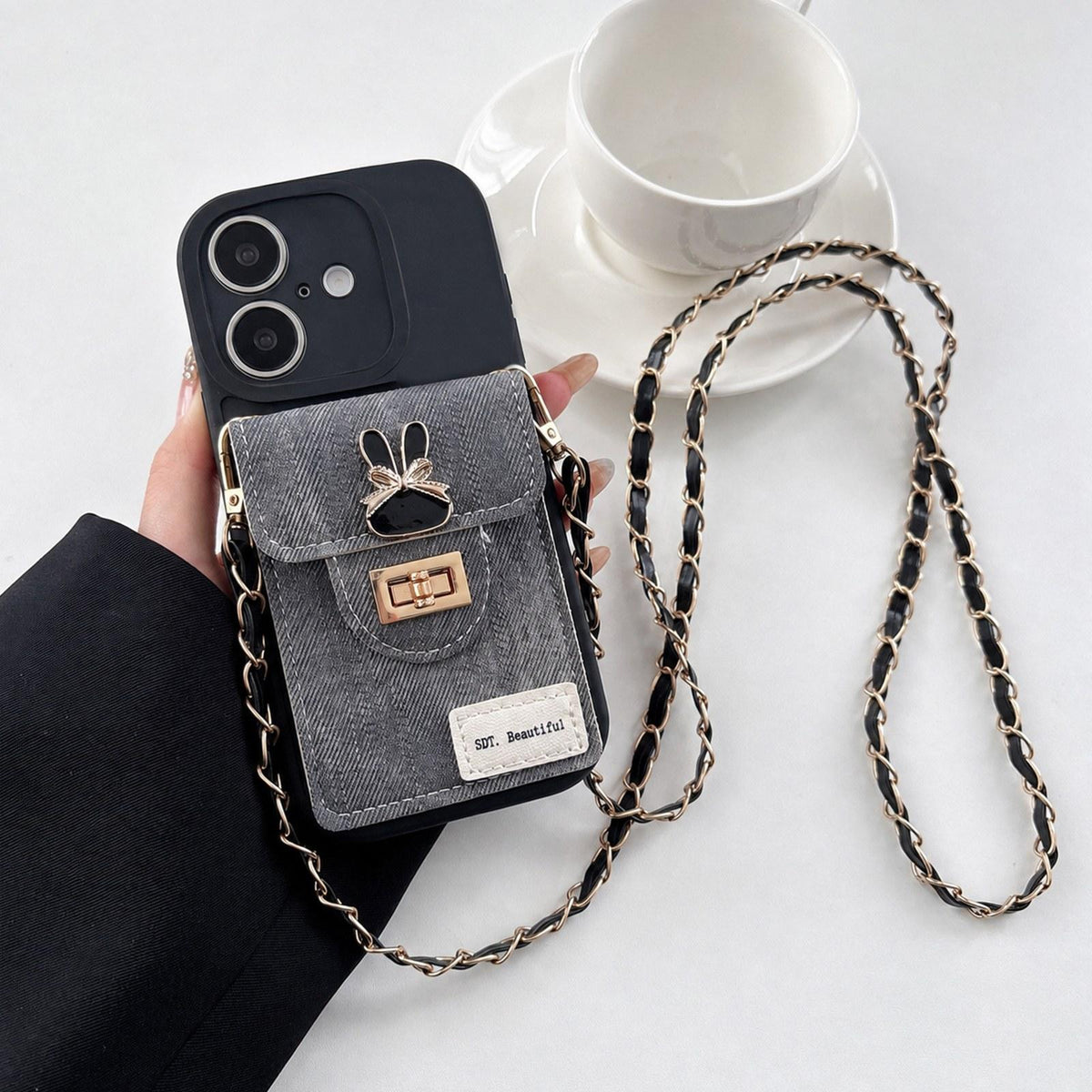 For iPhone 17 Denim Patterned Rabbit Card Bag Phone Case with Crossbody Chain - Black - EDA010066006B