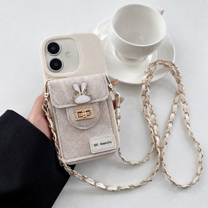 For iPhone 16 Denim Patterned Rabbit Card Bag Phone Case with Crossbody Chain - Apricot - EDA010066010A