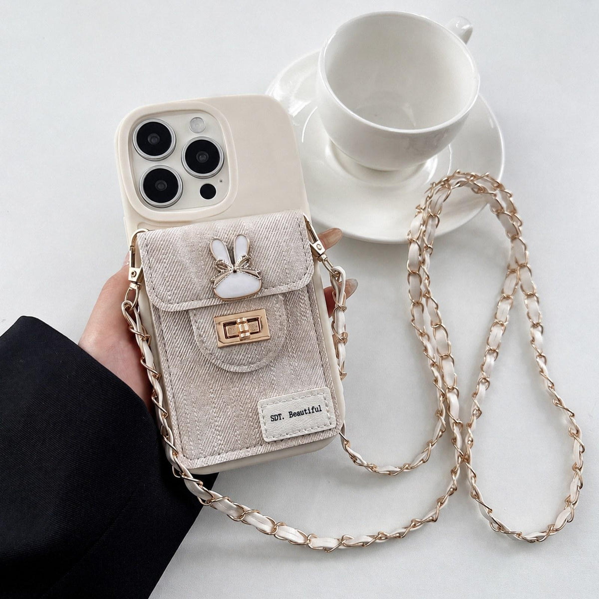 For iPhone 15 Pro Max Denim Patterned Rabbit Card Bag Phone Case with Crossbody Chain - Apricot - EDA010066011A