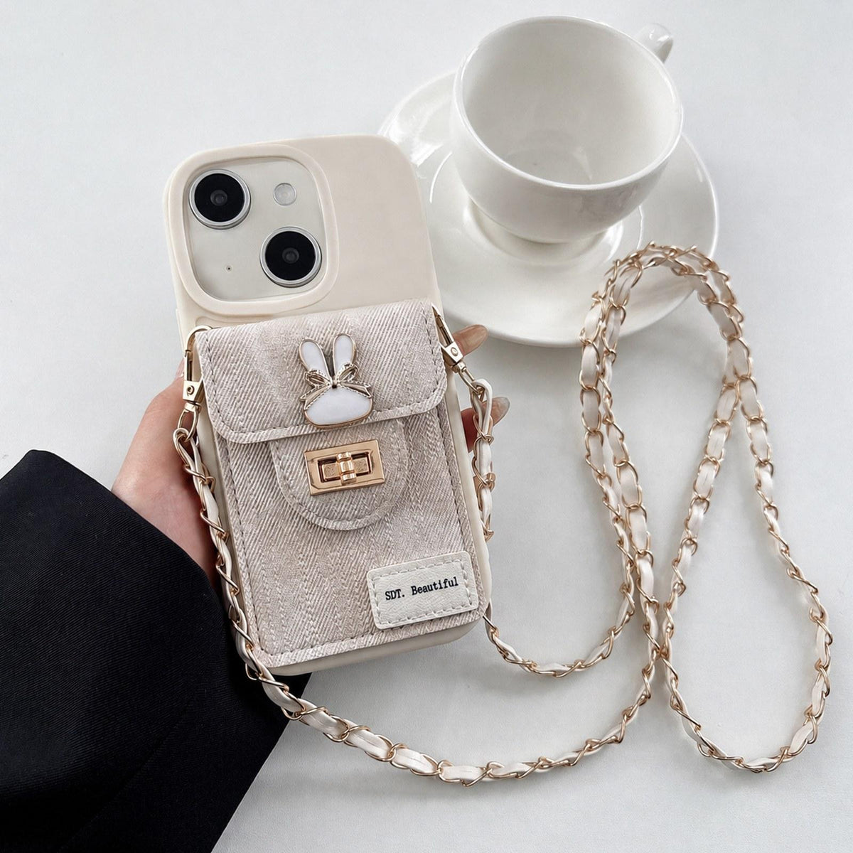 For iPhone 15 Denim Patterned Rabbit Card Bag Phone Case with Crossbody Chain - Apricot - EDA010066014A