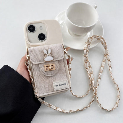For iPhone 15 Denim Patterned Rabbit Card Bag Phone Case with Crossbody Chain - Apricot - EDA010066014A