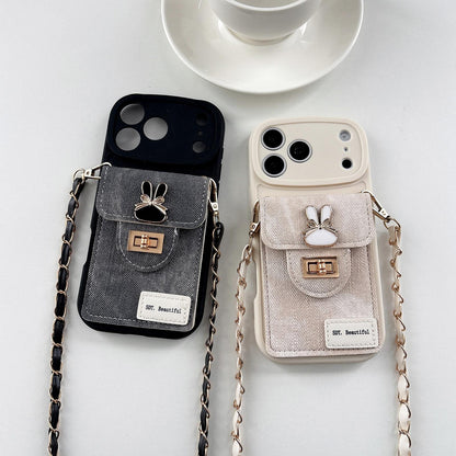 For iPhone 15 Denim Patterned Rabbit Card Bag Phone Case with Crossbody Chain - Apricot - EDA010066014A