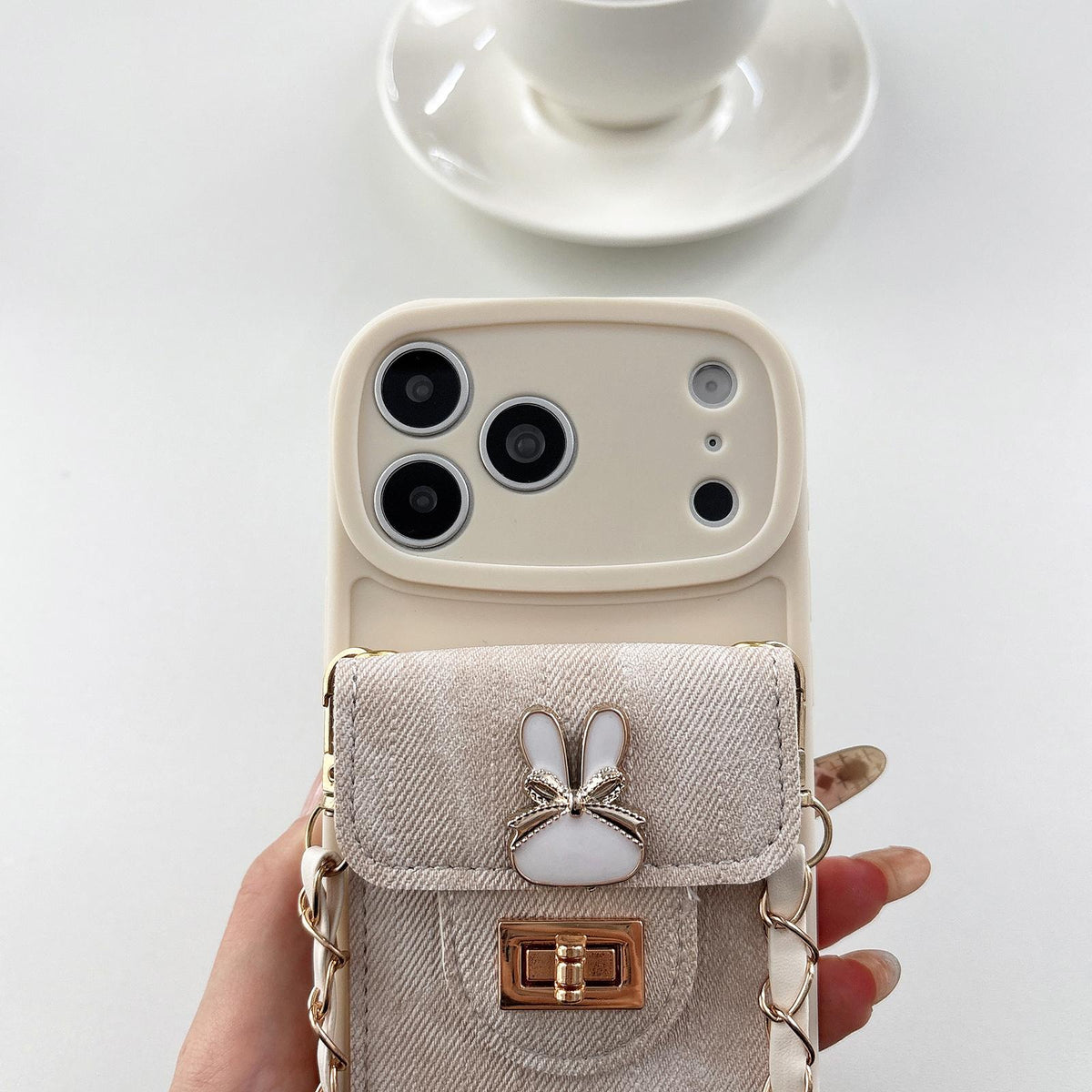 For iPhone 15 Denim Patterned Rabbit Card Bag Phone Case with Crossbody Chain - Apricot - EDA010066014A