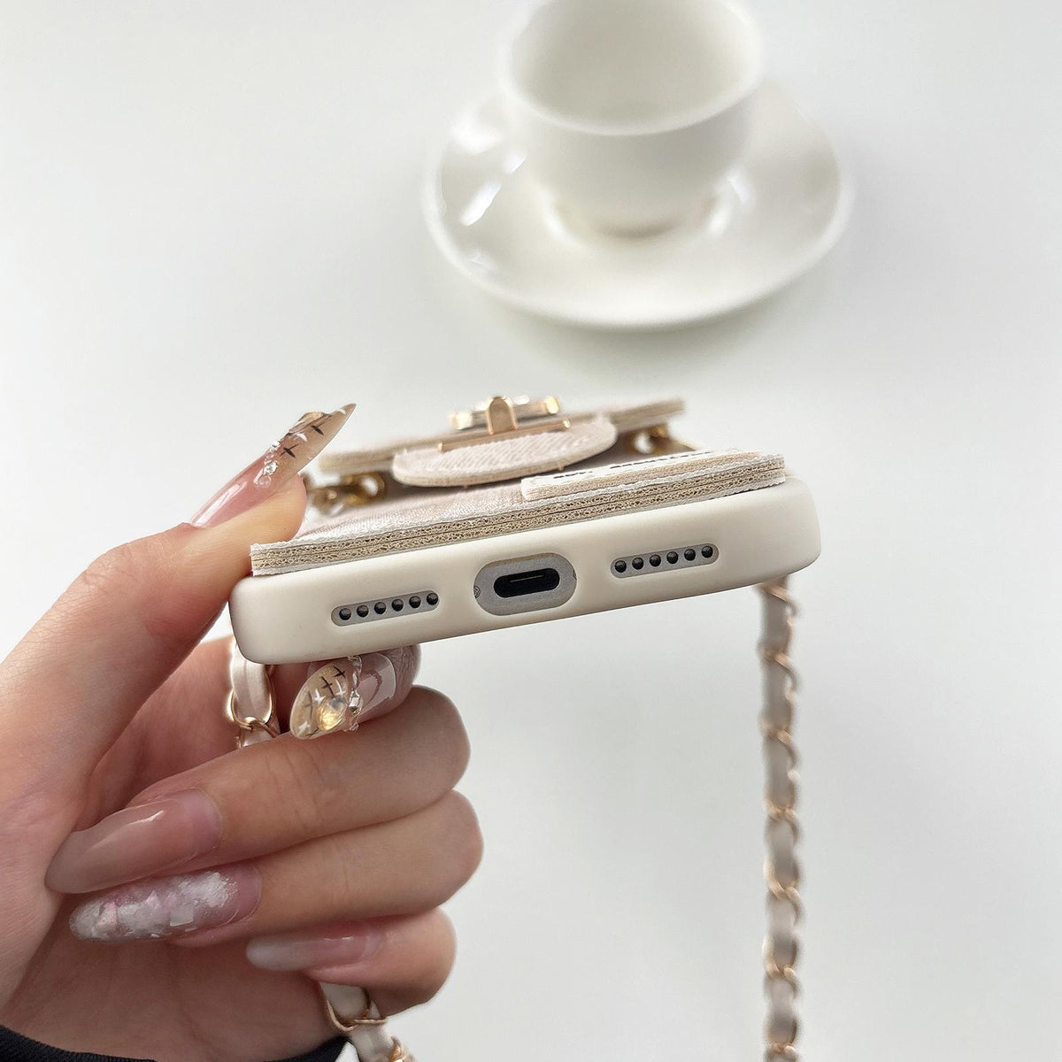 For iPhone 15 Pro Max Denim Patterned Rabbit Card Bag Phone Case with Crossbody Chain - Apricot - EDA010066011A