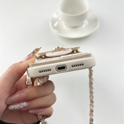 For iPhone 17 Denim Patterned Rabbit Card Bag Phone Case with Crossbody Chain - Apricot - EDA010066006A