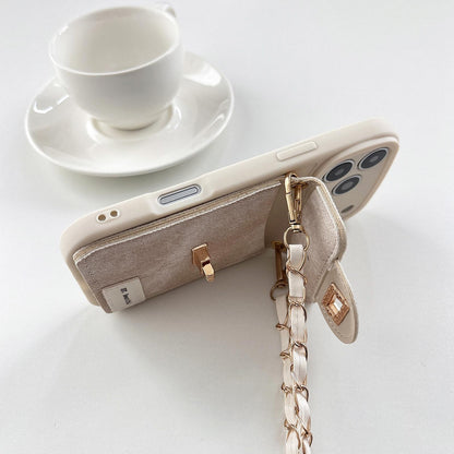 For iPhone 17 Denim Patterned Rabbit Card Bag Phone Case with Crossbody Chain - Apricot - EDA010066006A