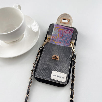 For iPhone 15 Pro Max Denim Patterned Rabbit Card Bag Phone Case with Crossbody Chain - Apricot - EDA010066011A