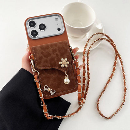 For iPhone 18 Pro Leather Leopard Print Card Bag Phone Case with Crossbody Chain - Brown - EDA010066402C