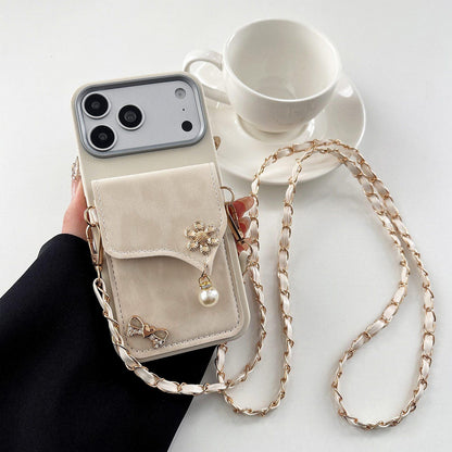 For iPhone 18 Pro Leather Leopard Print Card Bag Phone Case with Crossbody Chain - Apricot - EDA010066402E