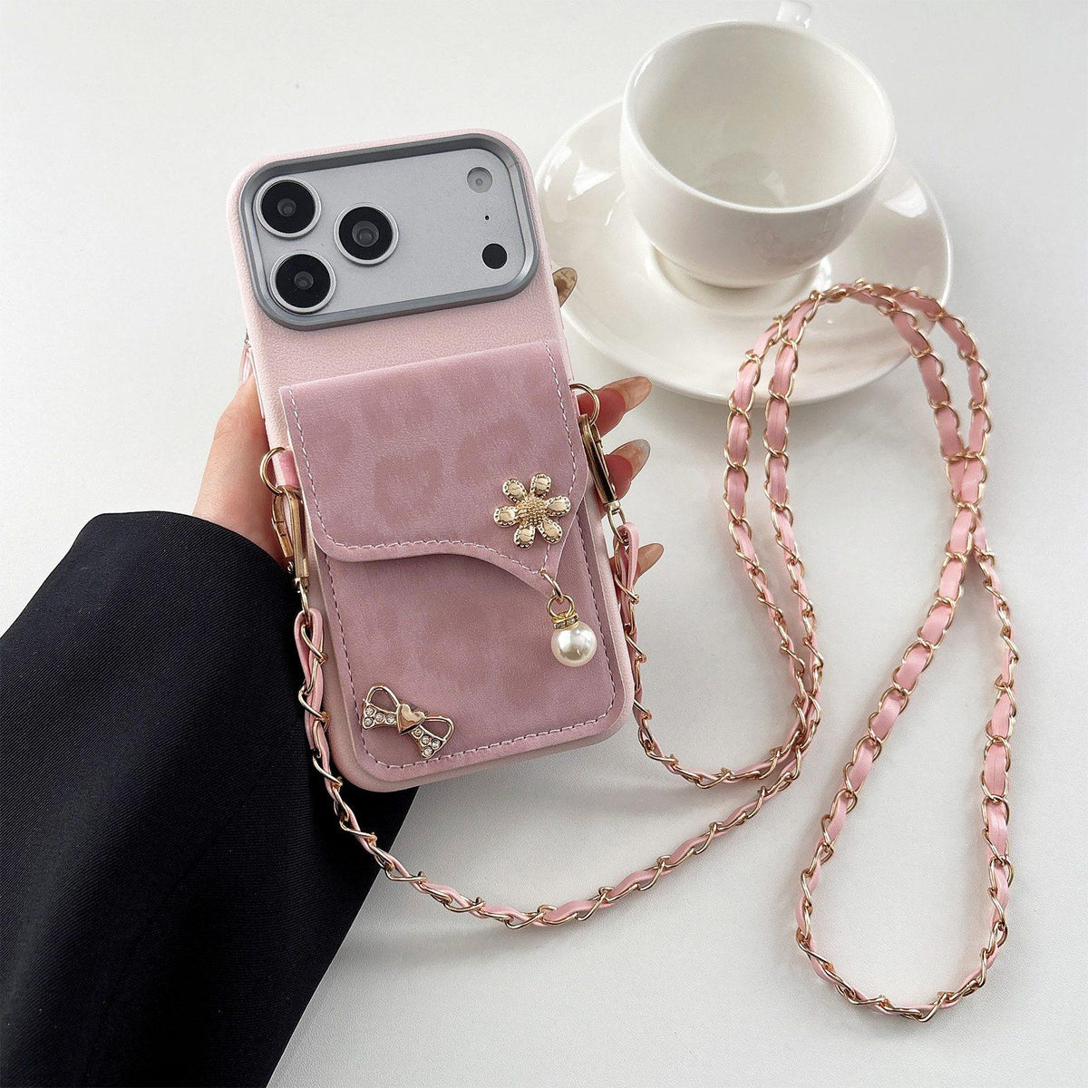 For iPhone 18 Pro Max Leather Leopard Print Card Bag Phone Case with Crossbody Chain - Pink - EDA010066403A