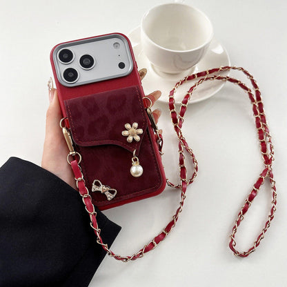 For iPhone 18 Pro Max Leather Leopard Print Card Bag Phone Case with Crossbody Chain - Red - EDA010066403B