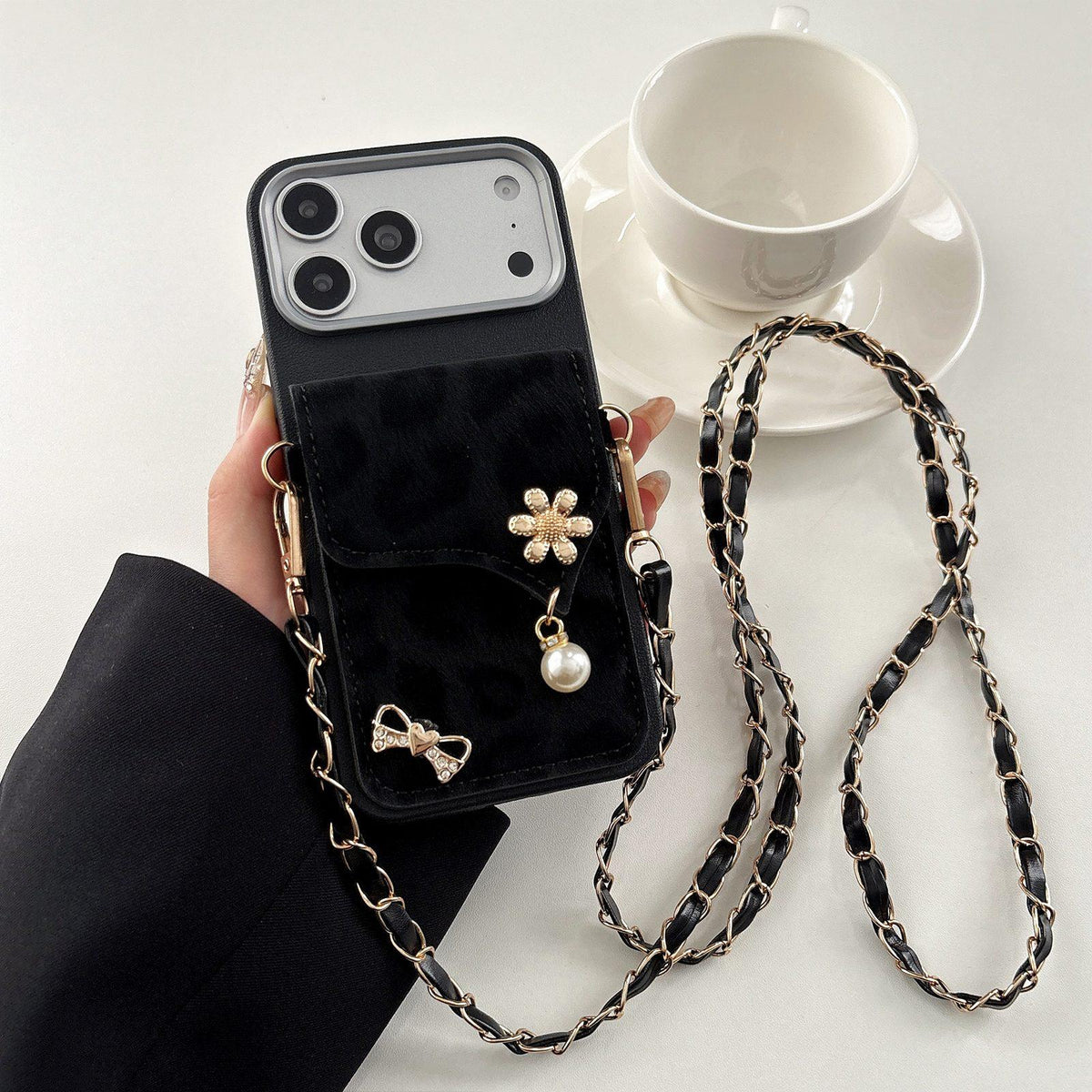 For iPhone 18 Pro Max Leather Leopard Print Card Bag Phone Case with Crossbody Chain - Black - EDA010066403D