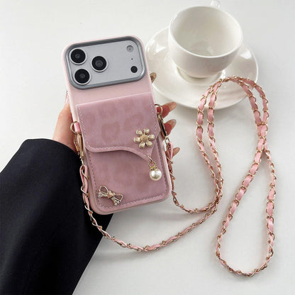 For iPhone 17 Pro Max Leather Leopard Print Card Bag Phone Case with Crossbody Chain - Pink - EDA010066404A