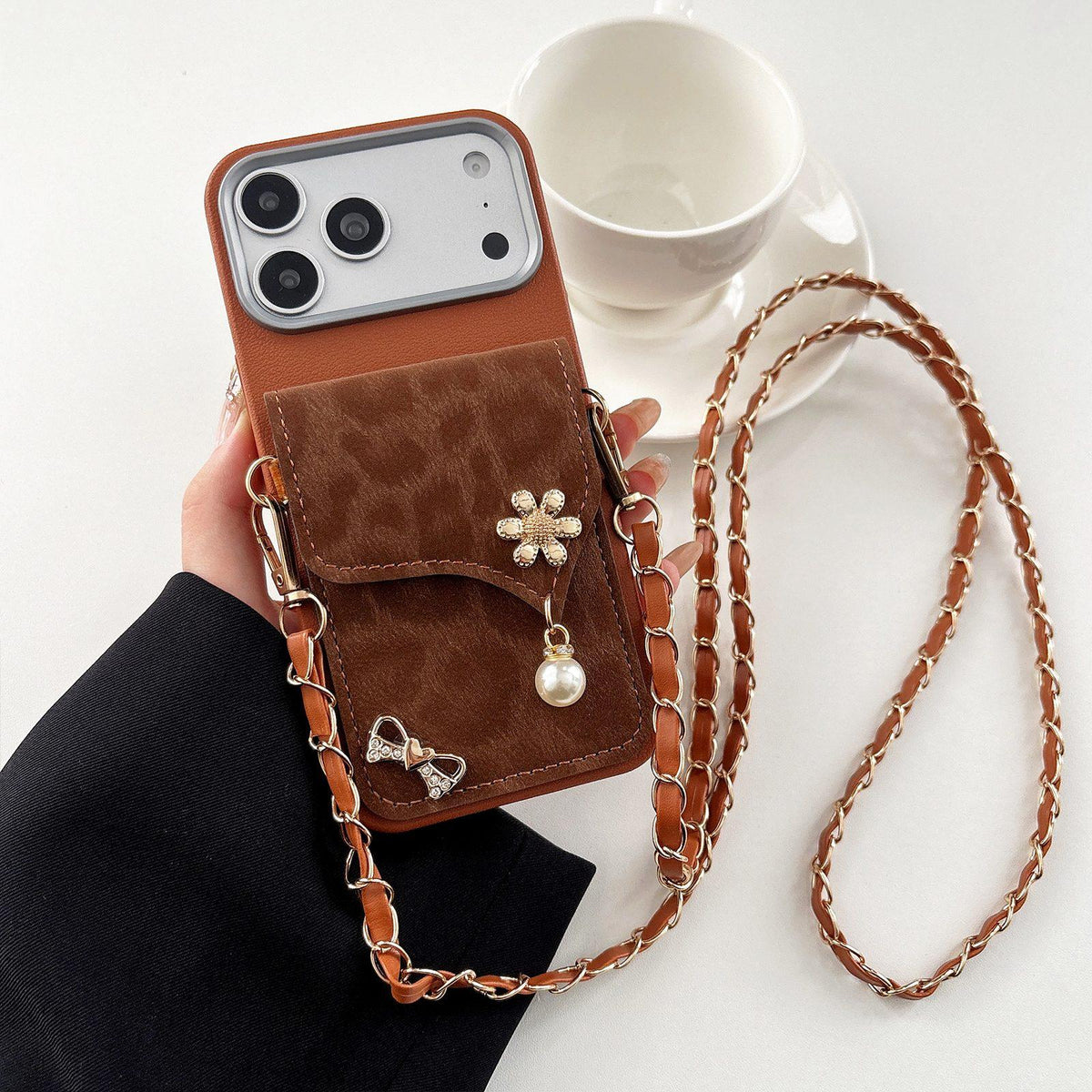 For iPhone 17 Pro Max Leather Leopard Print Card Bag Phone Case with Crossbody Chain - Brown - EDA010066404C