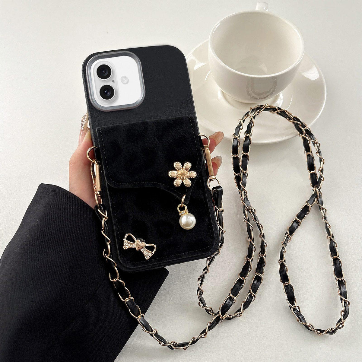 For iPhone 17 Leather Leopard Print Card Bag Phone Case with Crossbody Chain - Black - EDA010066406D