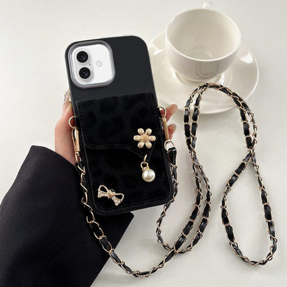 For iPhone 17 Leather Leopard Print Card Bag Phone Case with Crossbody Chain - Black - EDA010066406D