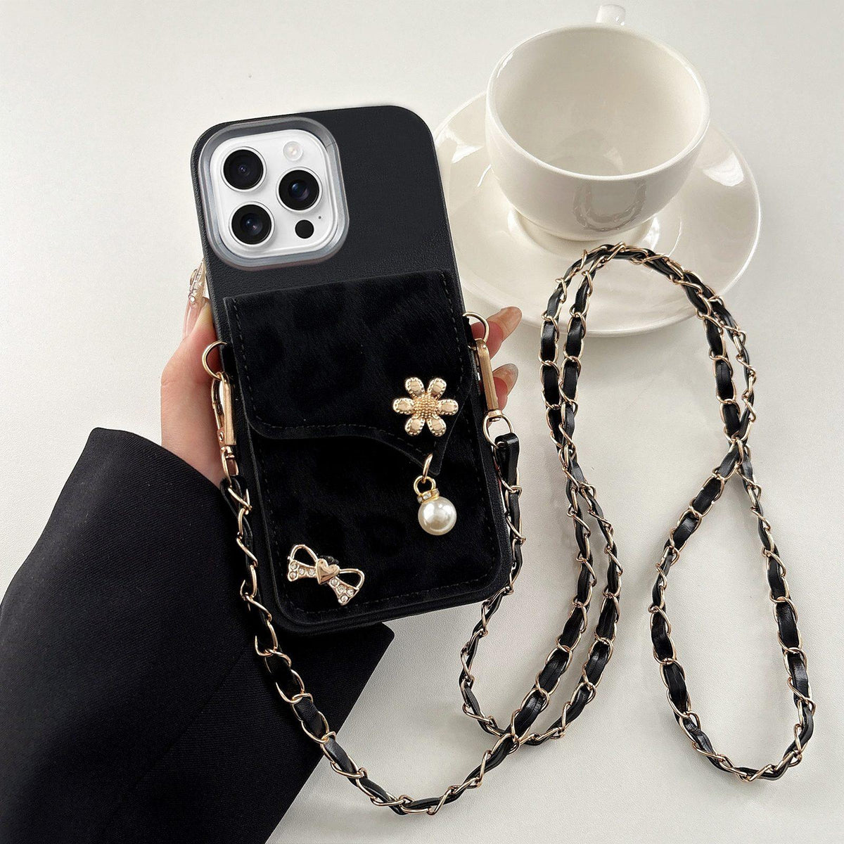 For iPhone 16 Pro Max Leather Leopard Print Card Bag Phone Case with Crossbody Chain - Black - EDA010066407D