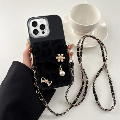 For iPhone 16 Pro Max Leather Leopard Print Card Bag Phone Case with Crossbody Chain - Black - EDA010066407D